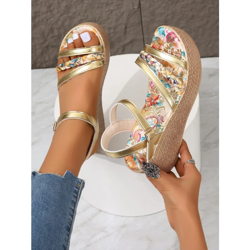 

2024 Open Toe Flip Flops Pumps Beach Femme Slides Print Random Sandals High Heels Women Weave Slippers Trend Wedges Shoes Summer