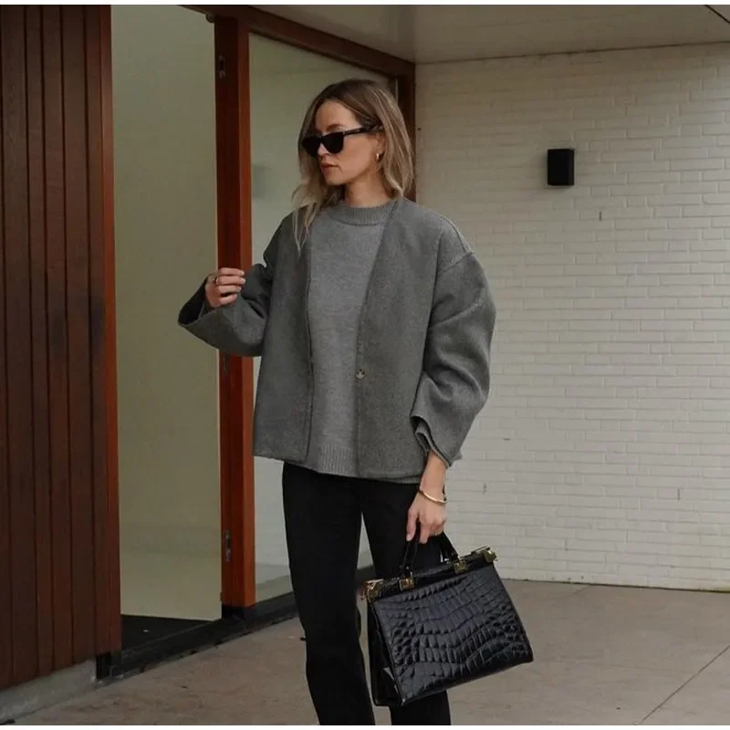Vintage One Button Woolen Coat Women Gray Loose Long Sleeve V-neck Short Jacket Female Autumn Winter Casual Lady New in Outwears
