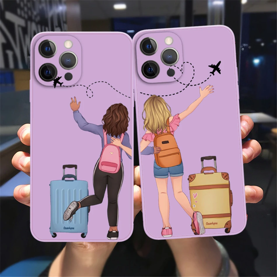 Hot Travel Girls Bff Best Friends Phone Case For Iphone 13 12 11 14 Pro Max Xsmax Xr X 8 7 14 Plus Purple Soft Bumper Back Cover