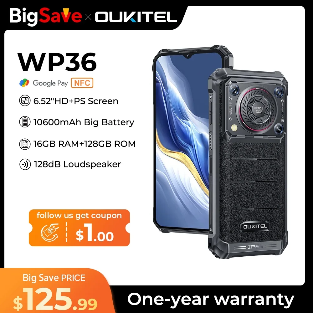 Oukitel-頑丈なwp36スマートフォン,16GB, 128GB, Android 13,13 MP 