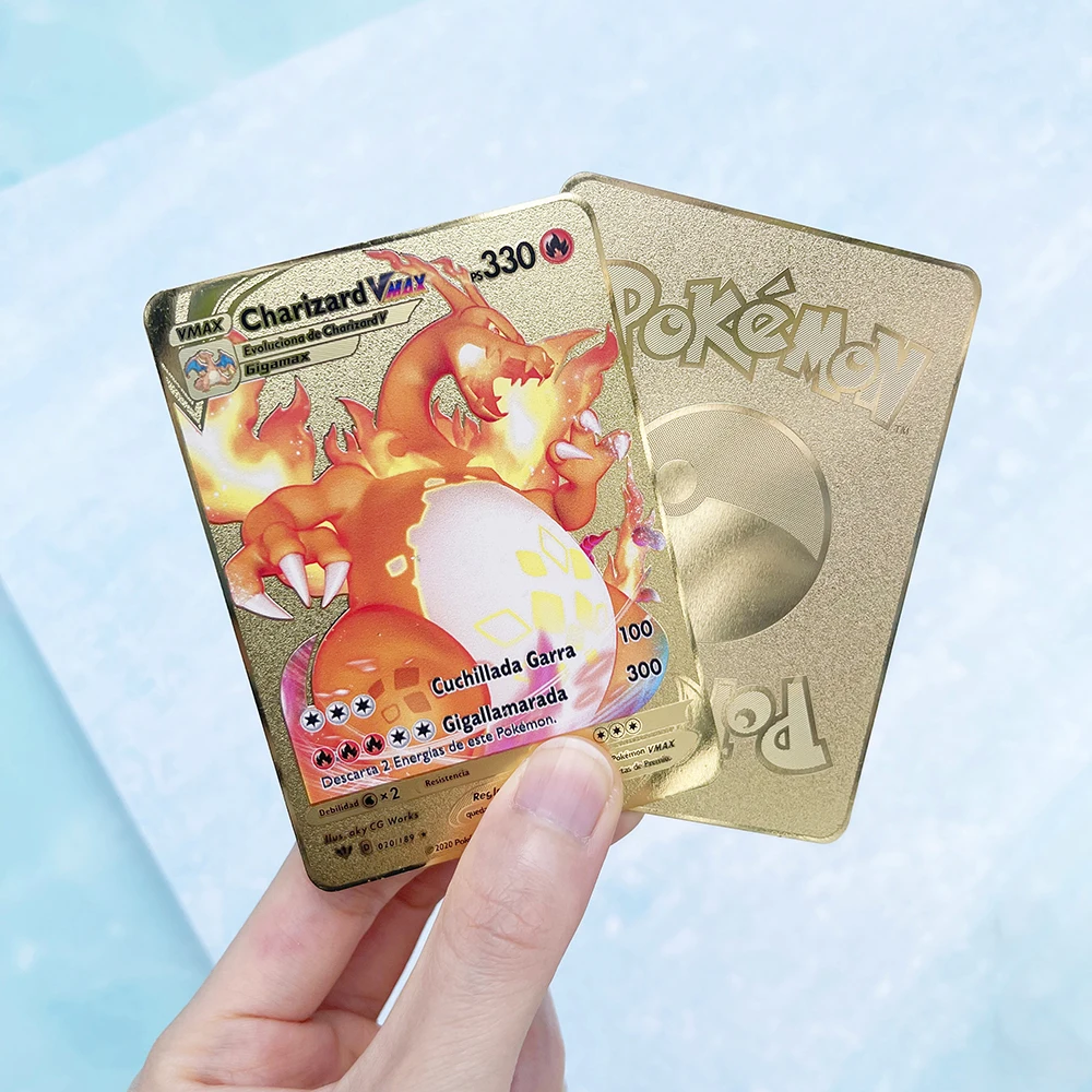 Покемон золотые металлические открытки 1 шт. испанская Charizard Pikachu VMAX GX SP MEGA EX