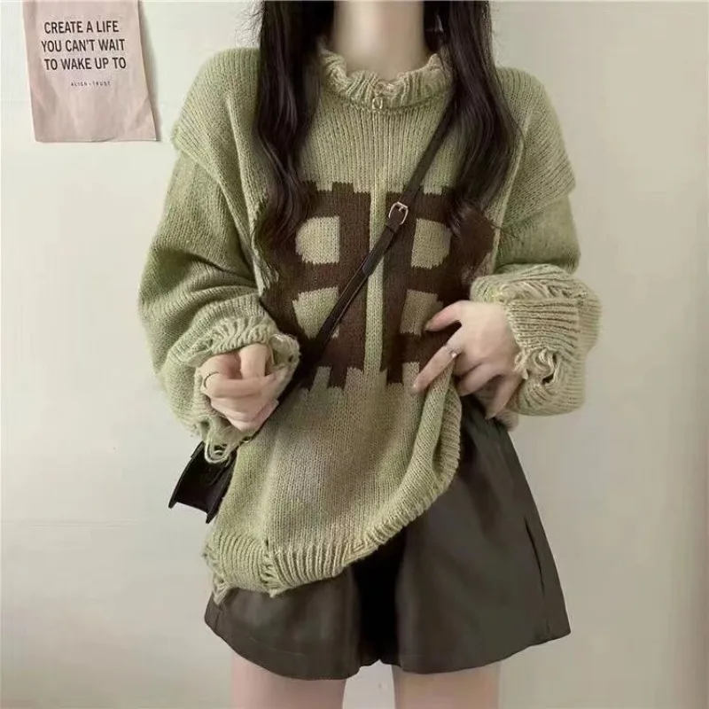 

French New Lazy Wind Letter Printed Sweater Women Autumn And Winter Street Fashion Retro Loose Casual Pullover Sweater Tops