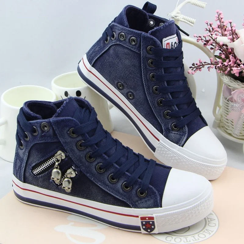 

Large Size 43 Canvas Sneakers Retro Zipper Denim High-top Canvas Shoes Women Platform Sports Designer Shoes Walking Zapatillas