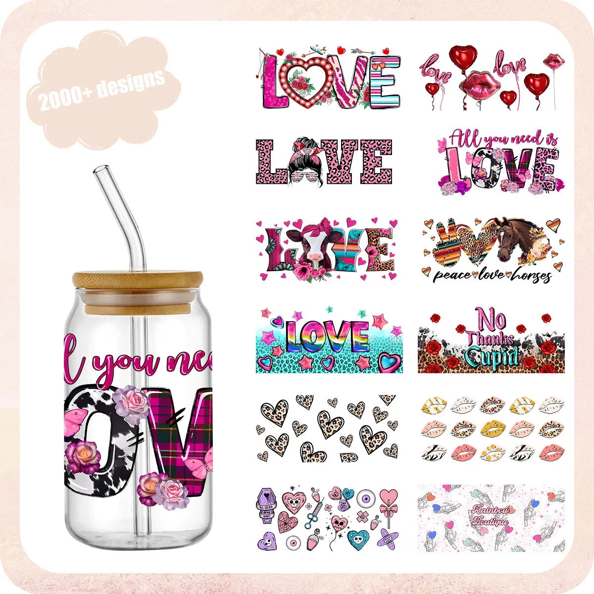 Valentine's Day 16OZ UV DTF Cup Wrap Transfers Stickers Custom Labels DIY Durable Waterproof Logo For Libbey Glass Can