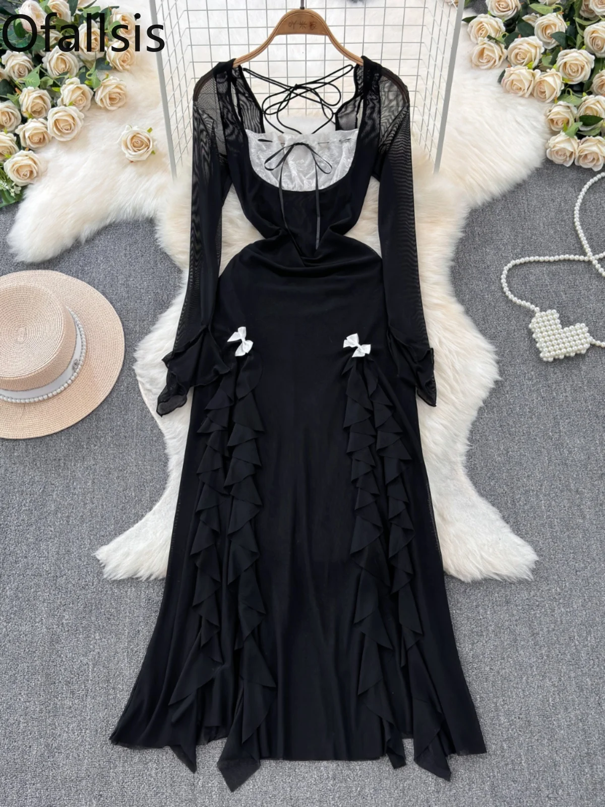 

Женское вечернее кружевное платье Ofallsis, черное облегающее платье контрастных цветов с квадратным вырезом, длинными оборками и разрезом, сексуальное Сетчатое платье с открытой спиной, 2024