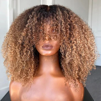 Parrucca riccia crespa bionda con frangia, realizzata a macchina, con capelli umani Remy brasiliani, colore marrone ombré, per donne di colore.