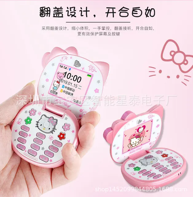 2023 New Kawaii Sanrio Hello Kitty Flip Phone Cartoon Cute Children White  Pink Mini Phone Birthday