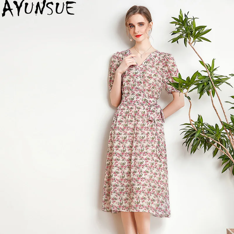 

Платье AYUNSUE 100% из шелка тутового шелкопряда, Женские Элегантные платья, летняя одежда, французское длинное платье на шнуровке, Vestidos De Mujer 2024