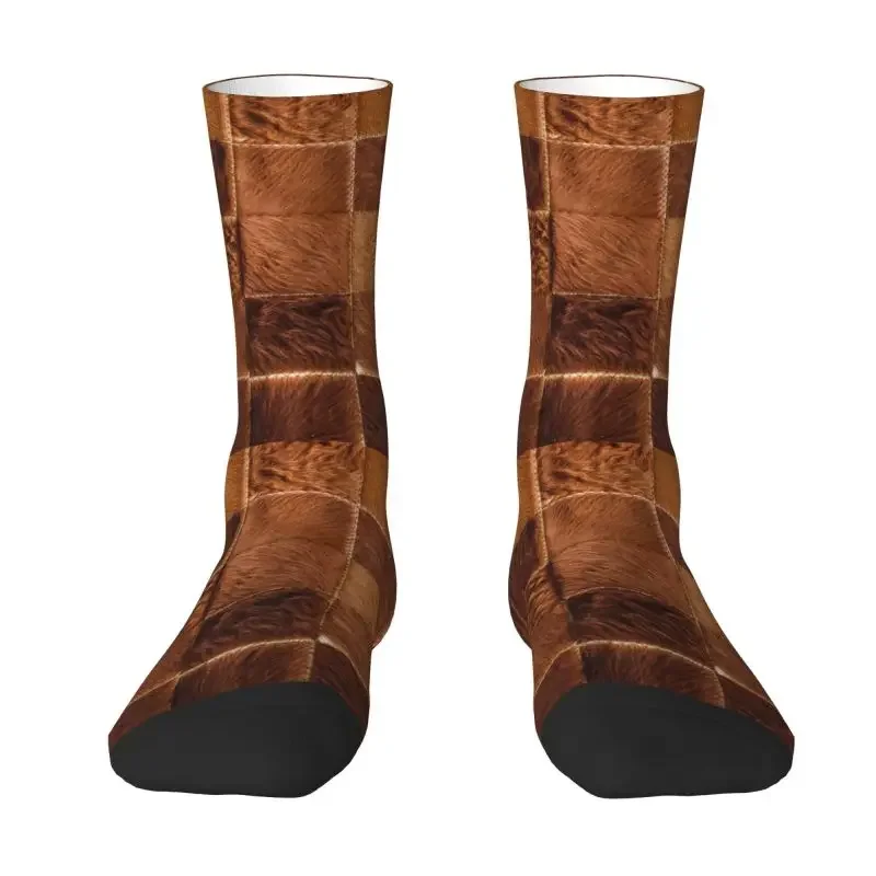 

Men's and Women's Brown Plaid Cashy Leather Socks, Animal Fur Leather Warm Socks, Bergamo Printed Crew Socks, Fancy Fashion