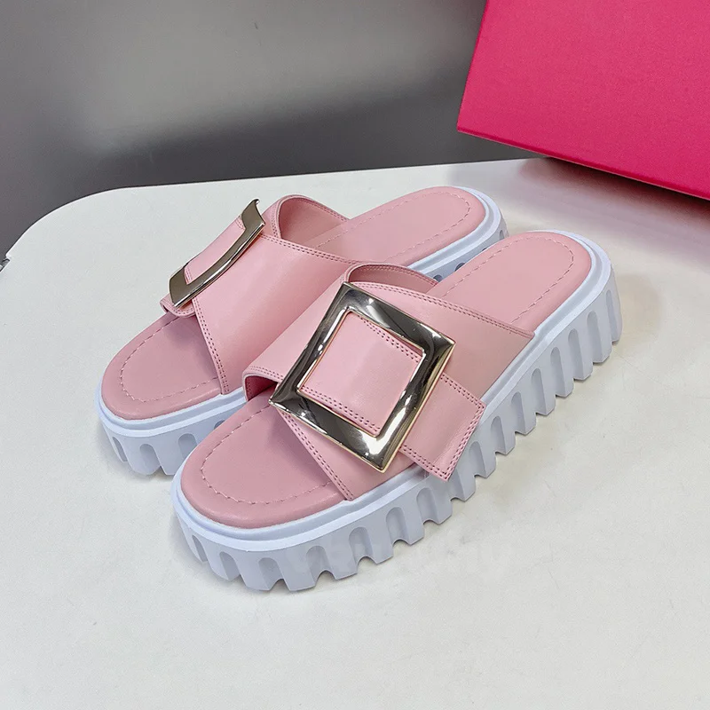 

Ladies Slippers Summer 2024 New Style Metal Square Buckle Decor Elevated Sole Women Shoes Simplicity Versatile Slippers