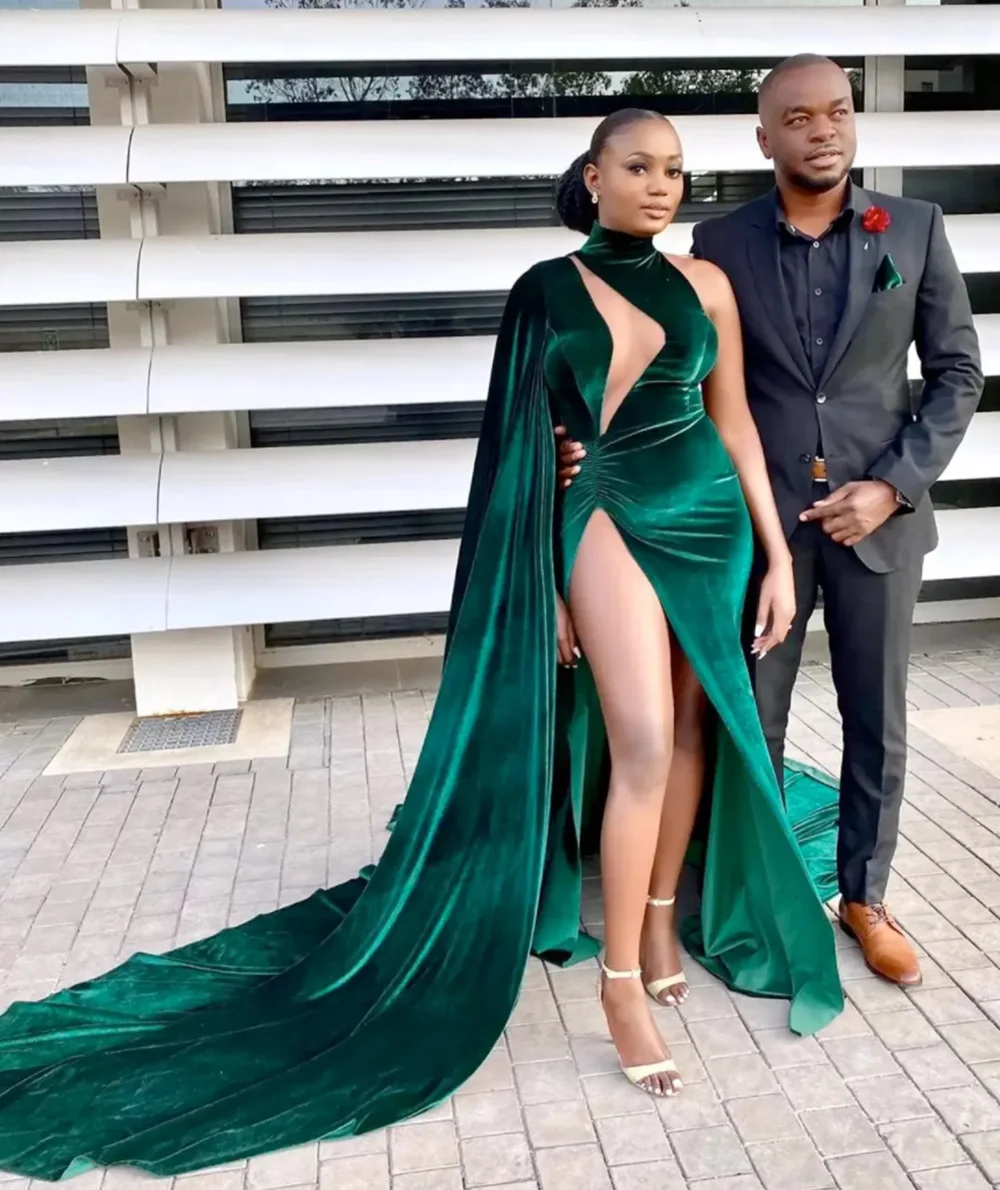 

Green Velvet Mermaid Prom Party Gown High Neck Floor-Length Sweep Train long Zipper Plus Size Split Illusion Custom