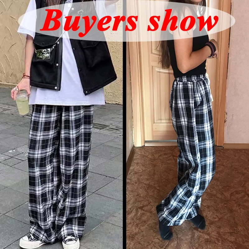 Biyaby 2022 autumn Women\'s Plaid Pants Harajuku Streetwear Hip Hop Wide Leg Trousers Female Teens Loose Casual Straight Pants