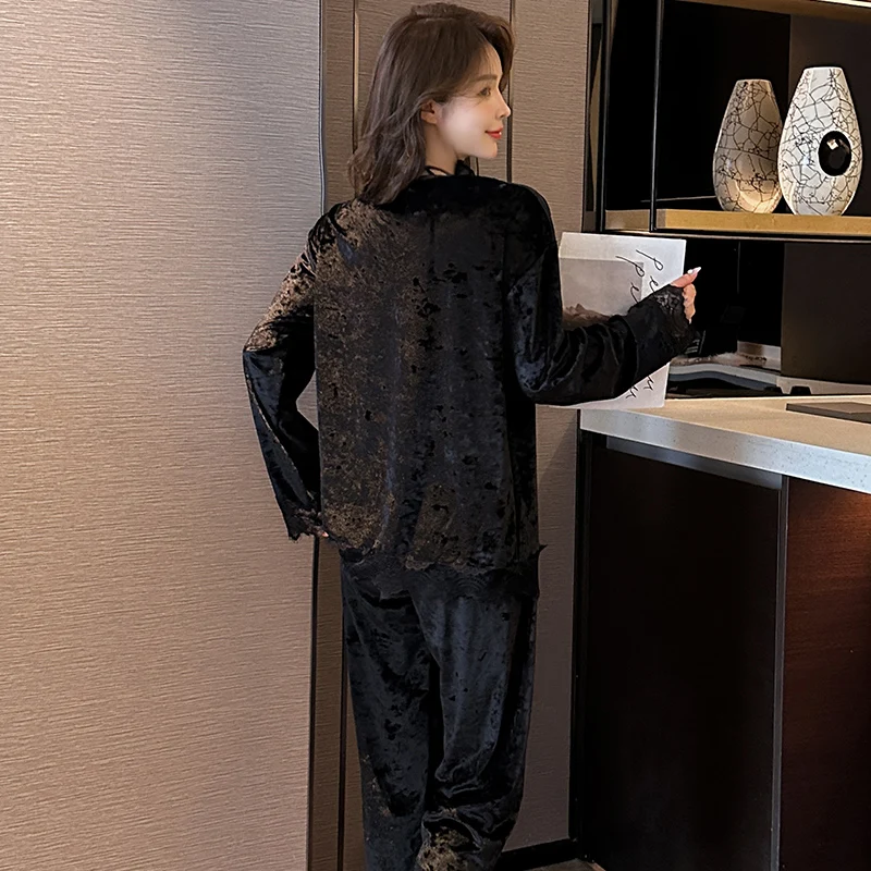 Autumn and Winter New Pajamas Women's Long Sleeve ins Japanese Gold Velvet Spring and Autumn Set Cardigan V-Neck Home Fur