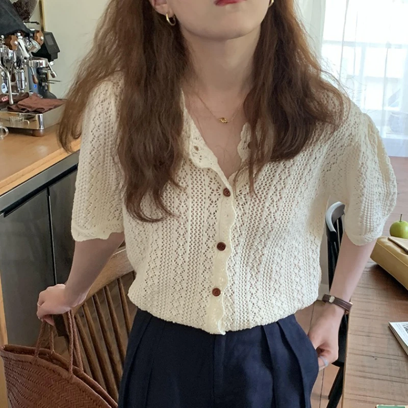 Women Knitted Cardigan Solid Color Hollow Out V Neck Tops