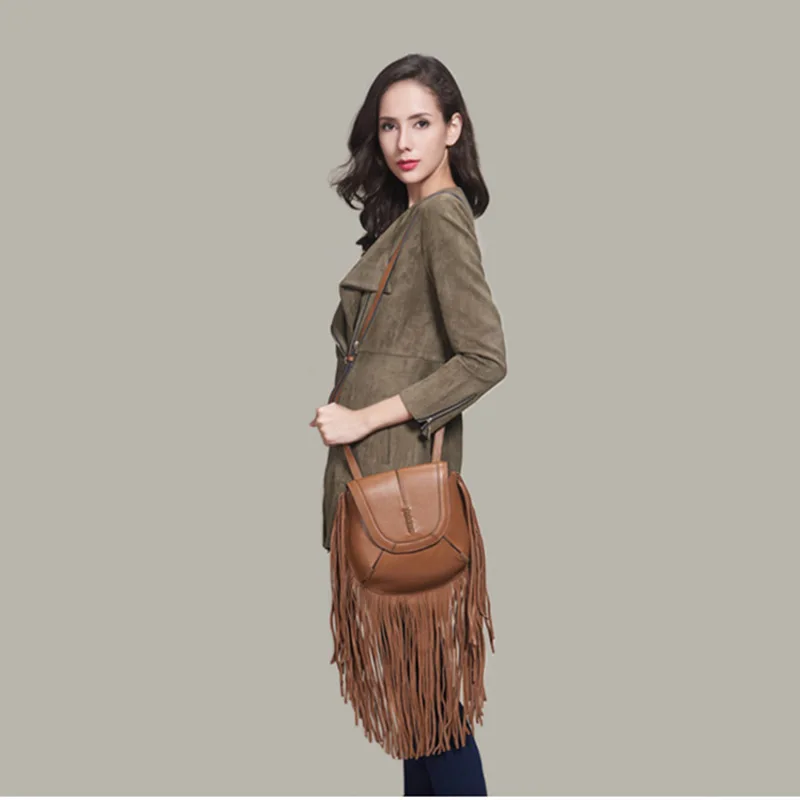 Genuine Leather Women's Handbags casual Purse Ladies tassel Shoulder bag Soft leather Crossbody Bags