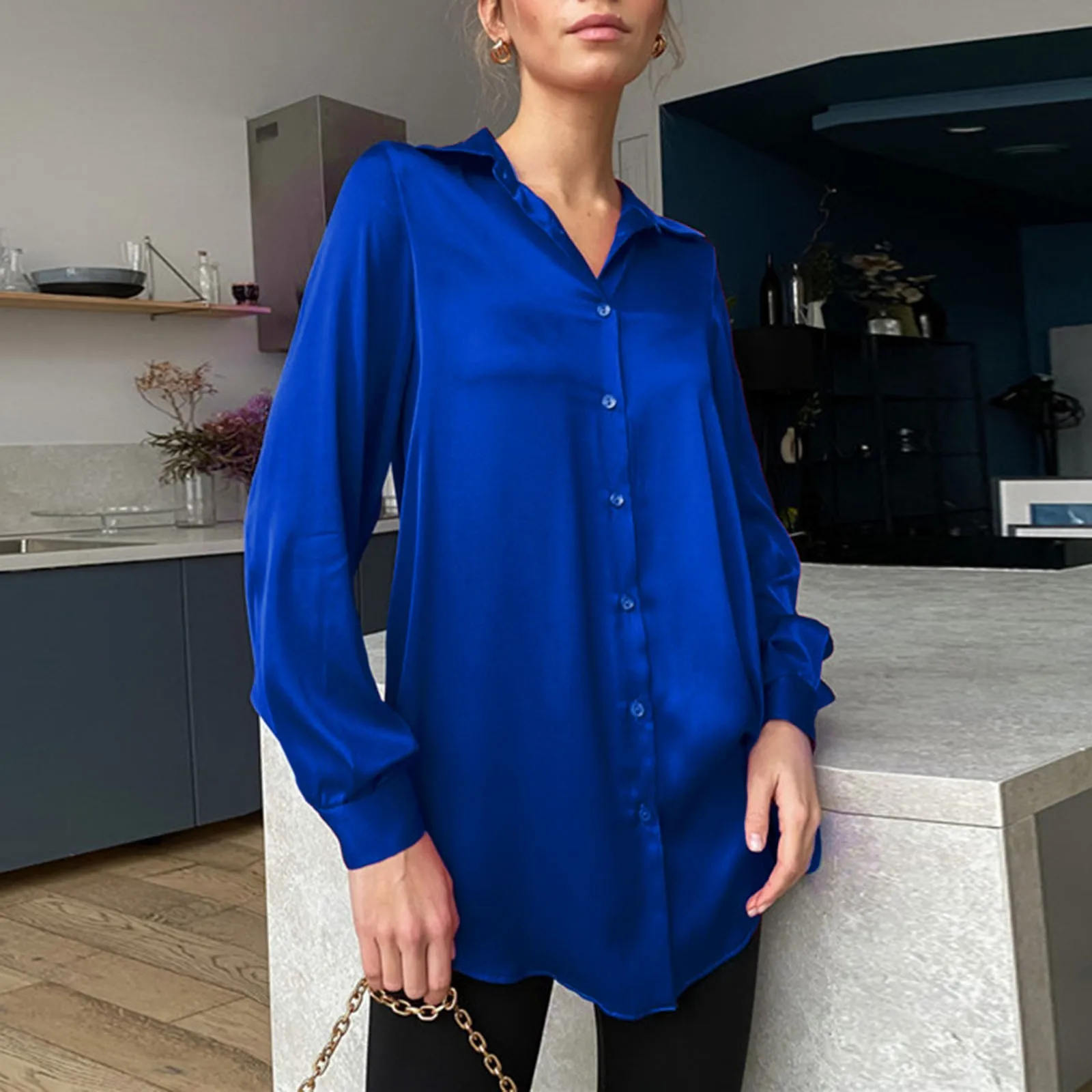 

Женские рубашки с длинным рукавом, элегантная рубашка, блестящая атласная рубашка с отложным воротником, 4