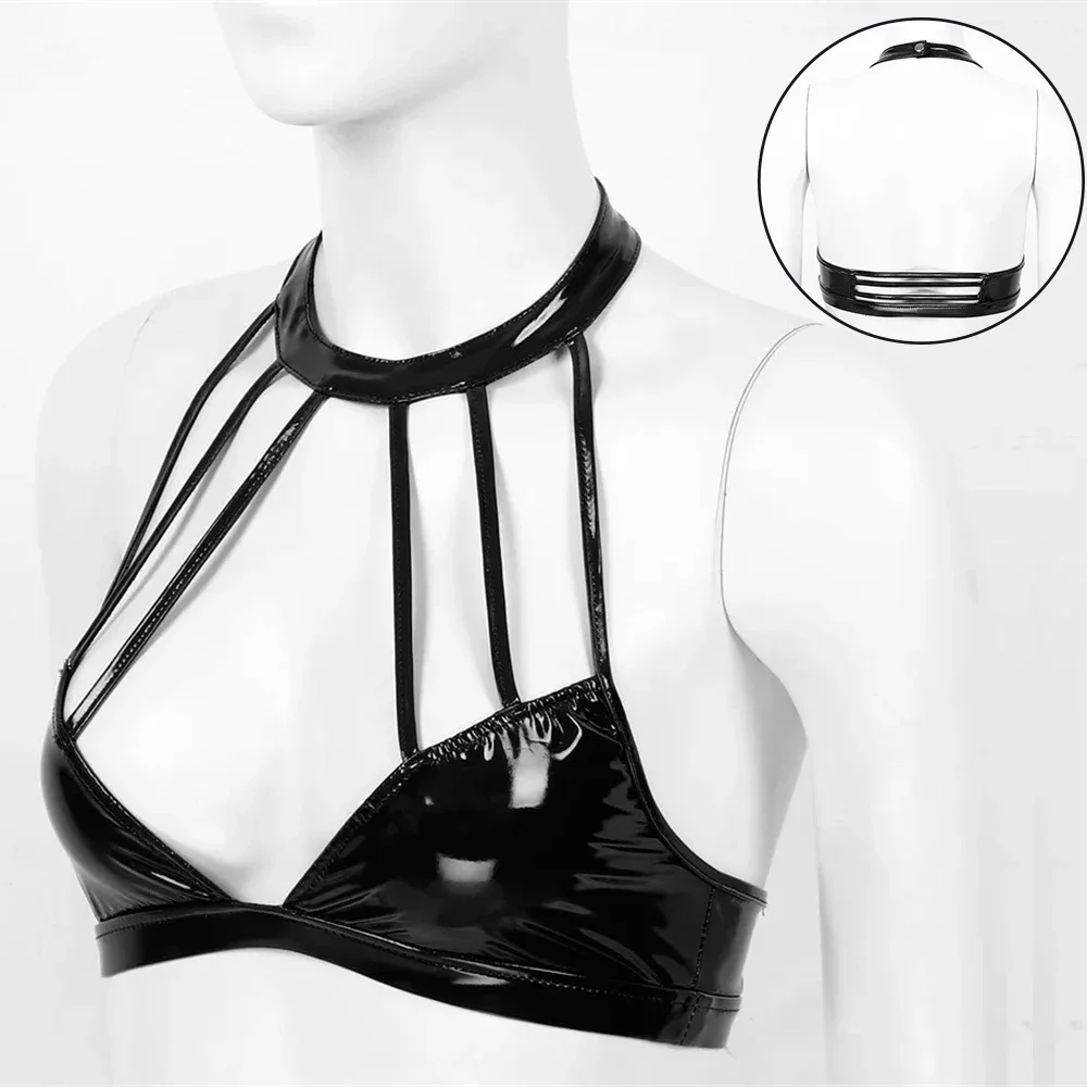 Women Wet Look Patent Leather Bras Sexy Wire-Free No Pad Bra Tops Erotic Halter Backless Bralette Cutout Bustier Corset Clubwear