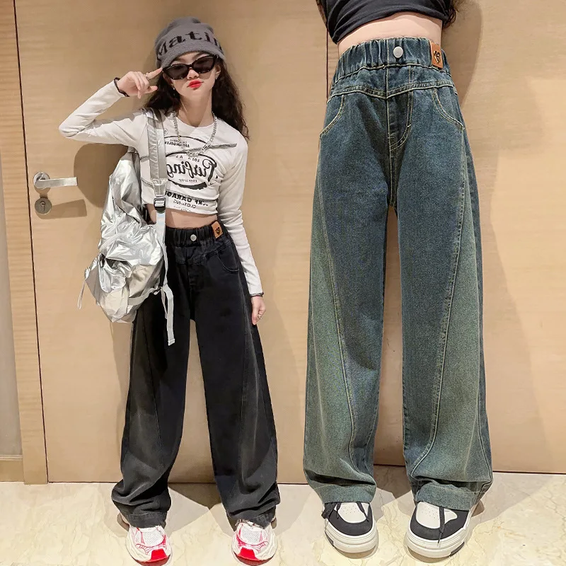 

Girls 2023 Autumn and Winter New Retro Jeans Medium and Big Children Straight Hot Girl Gradually Color Stitching Wide Leg Fleece