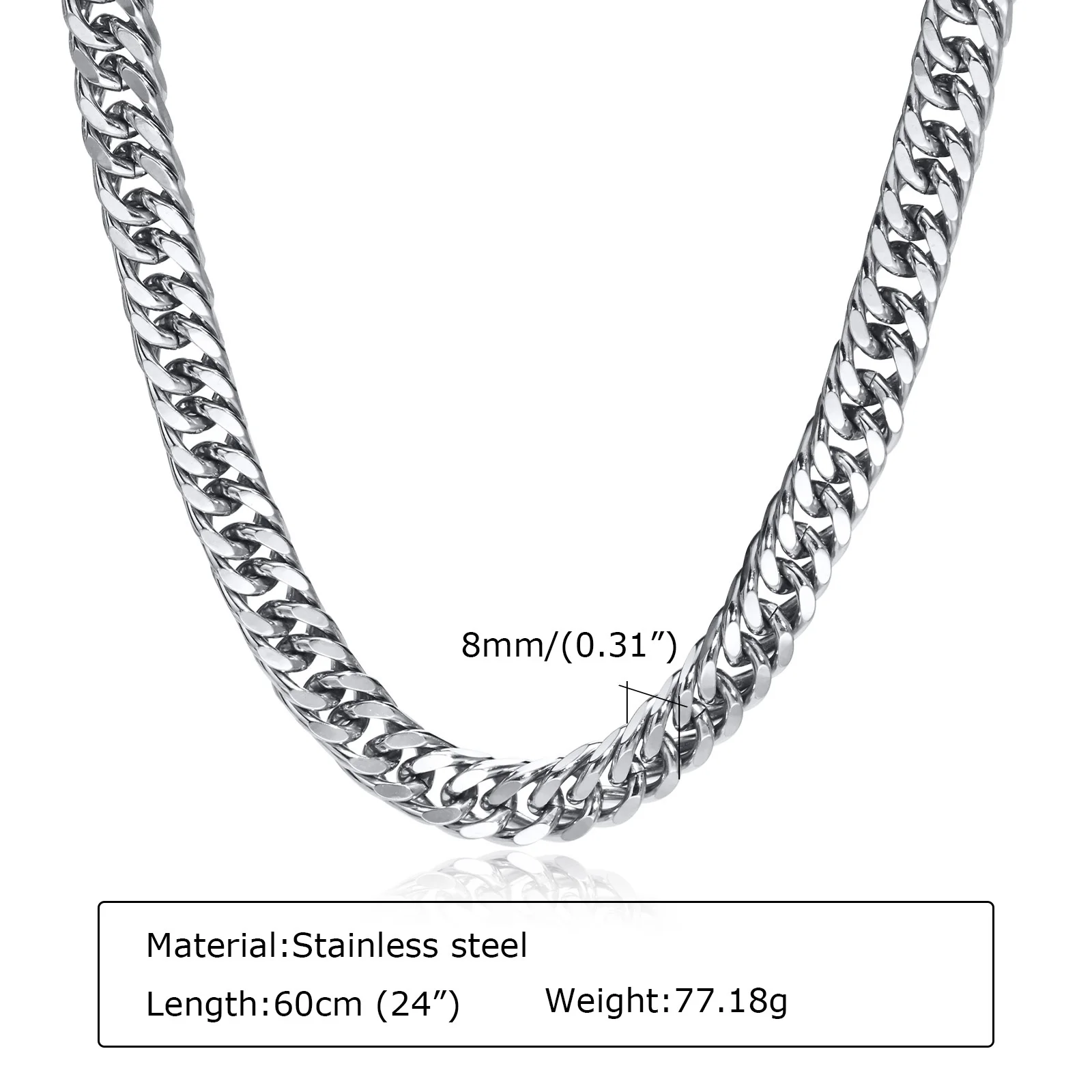 8mm Men's Stainless Steel Cuban Link Chain Necklace 24 Inches / Silver