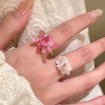 New Romantic Cute Violet Flower Ring Spring Summer Elastic Beaded Rings for Women Friends Korea Finger Jewelry Accessories Gift 1
