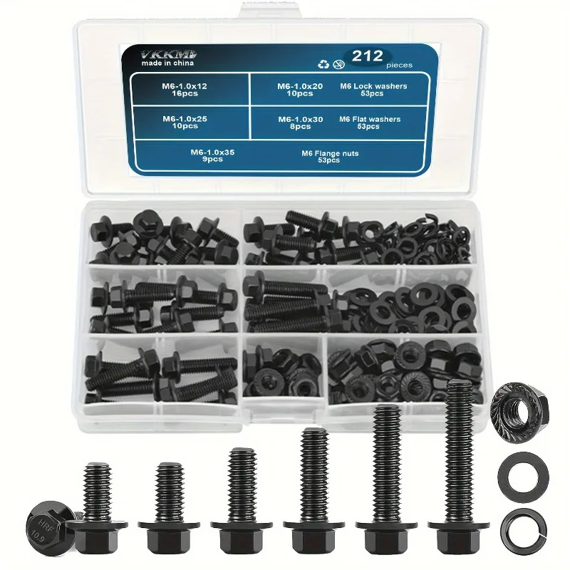 VKKM 212 pcs M6 Hex Cap Flange Bolt Assortment Kit/Screws, Nuts & Washers/Black Oxide, M6-1.0 x 12/20/25/30/35mm