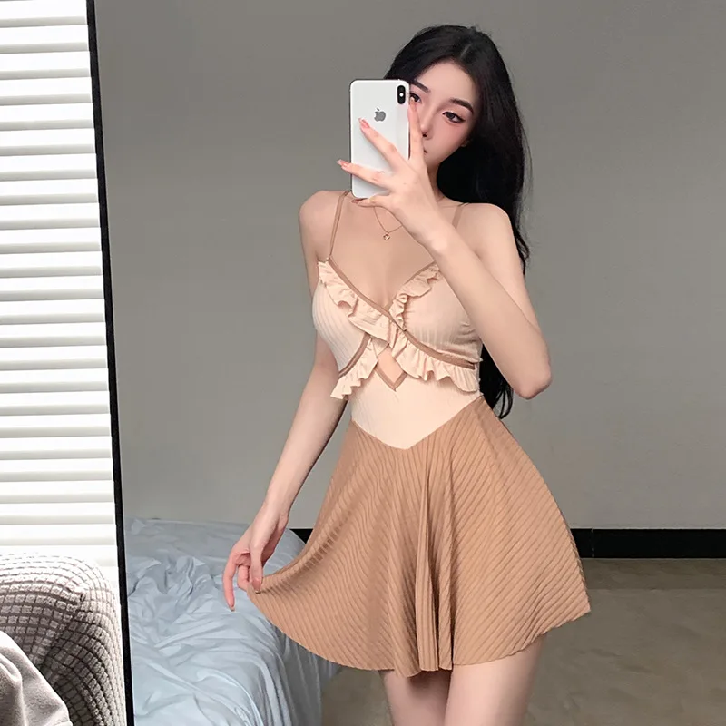 

Swimsuit With High Waist Ladies Bikini Bath Exits Push Up For Surfing 2023 Korean Fashion Outlet New Falbala Bra Color Matching