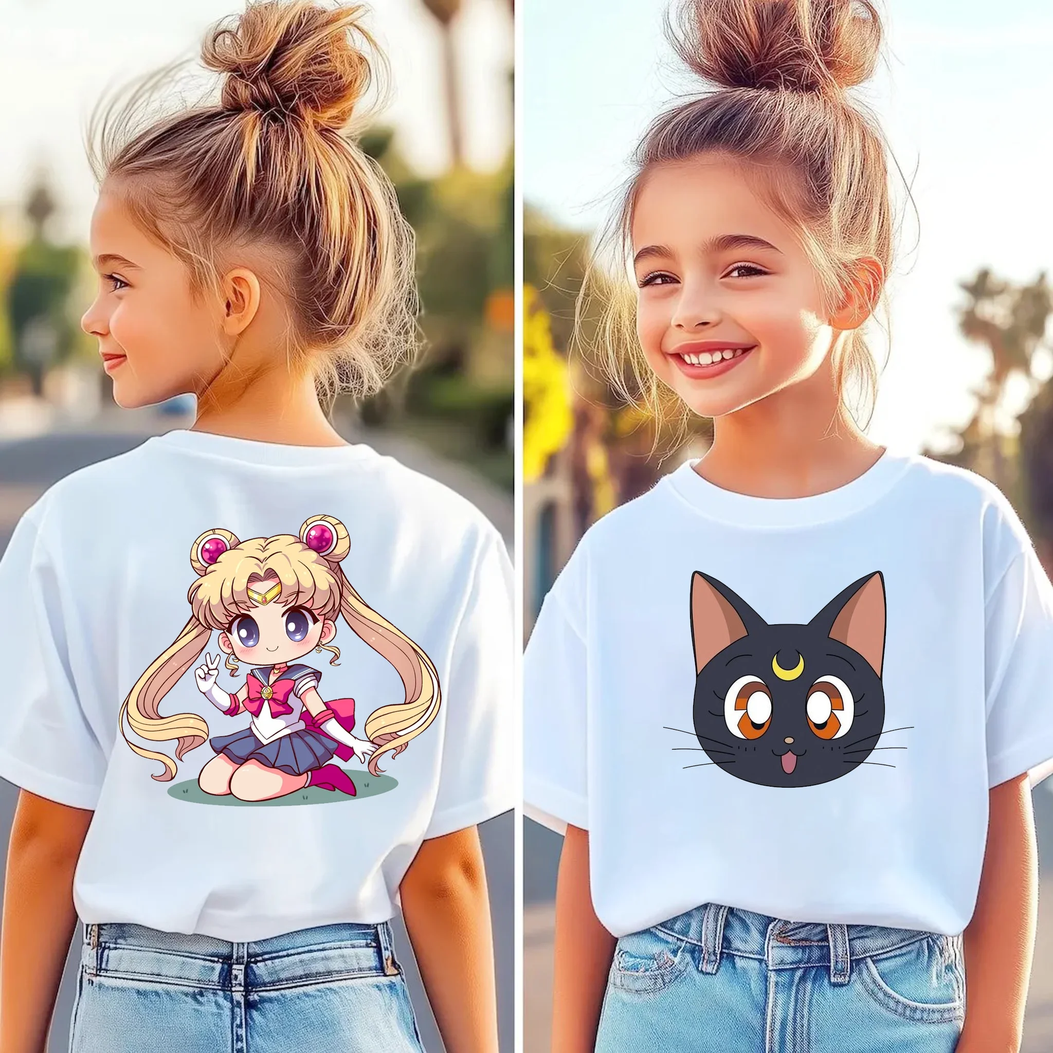 Children's Summer Sailor Moon Cartoon Print Loose Fit T-Shirt