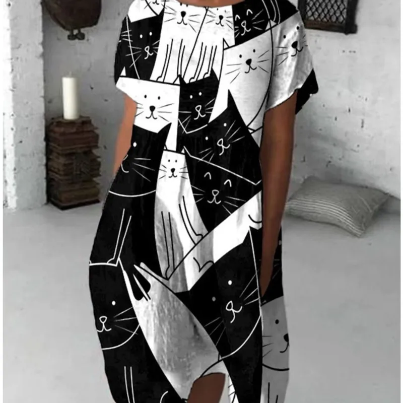 

Casual T-shirt Women's A-line Dress Pocket Summer Spring 2023 Round Neck Mid Waist Short Sleeve Pullover Fashion Loose Fit