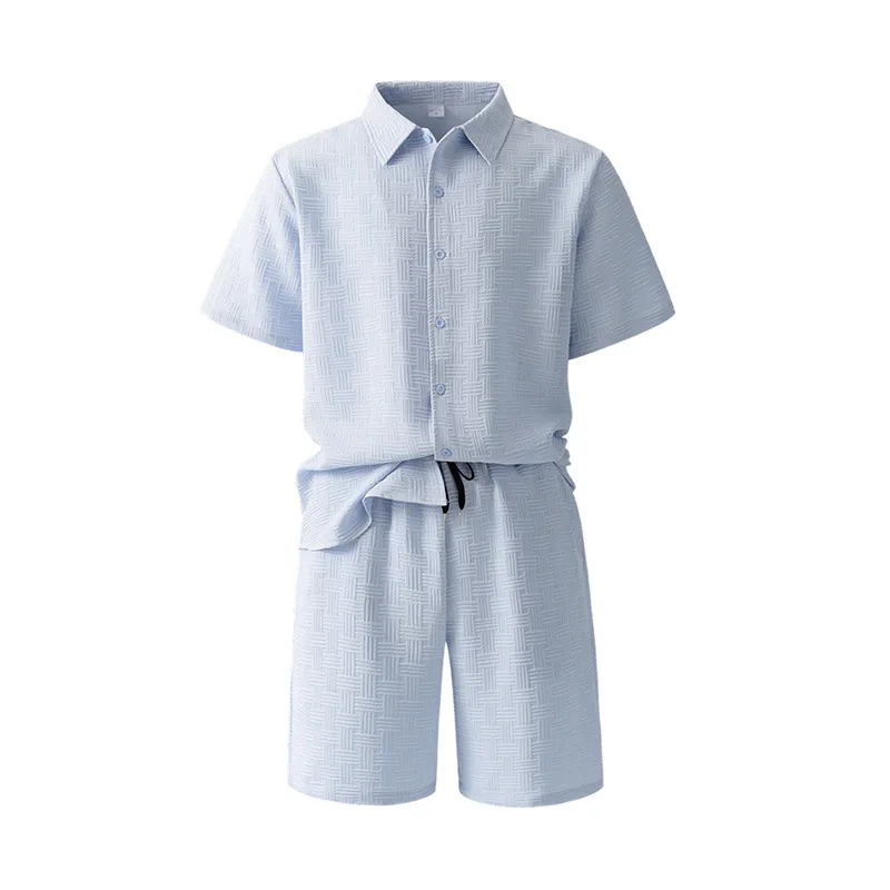 Herren Neues Freizeit-2-Teiler-Set: Einfarbiges Jacquard-Hemd mit Revers und Kurzarm, Shorts mit Kordelzug – Sommer-Outdoor-Reiseanzüge – Detail 31