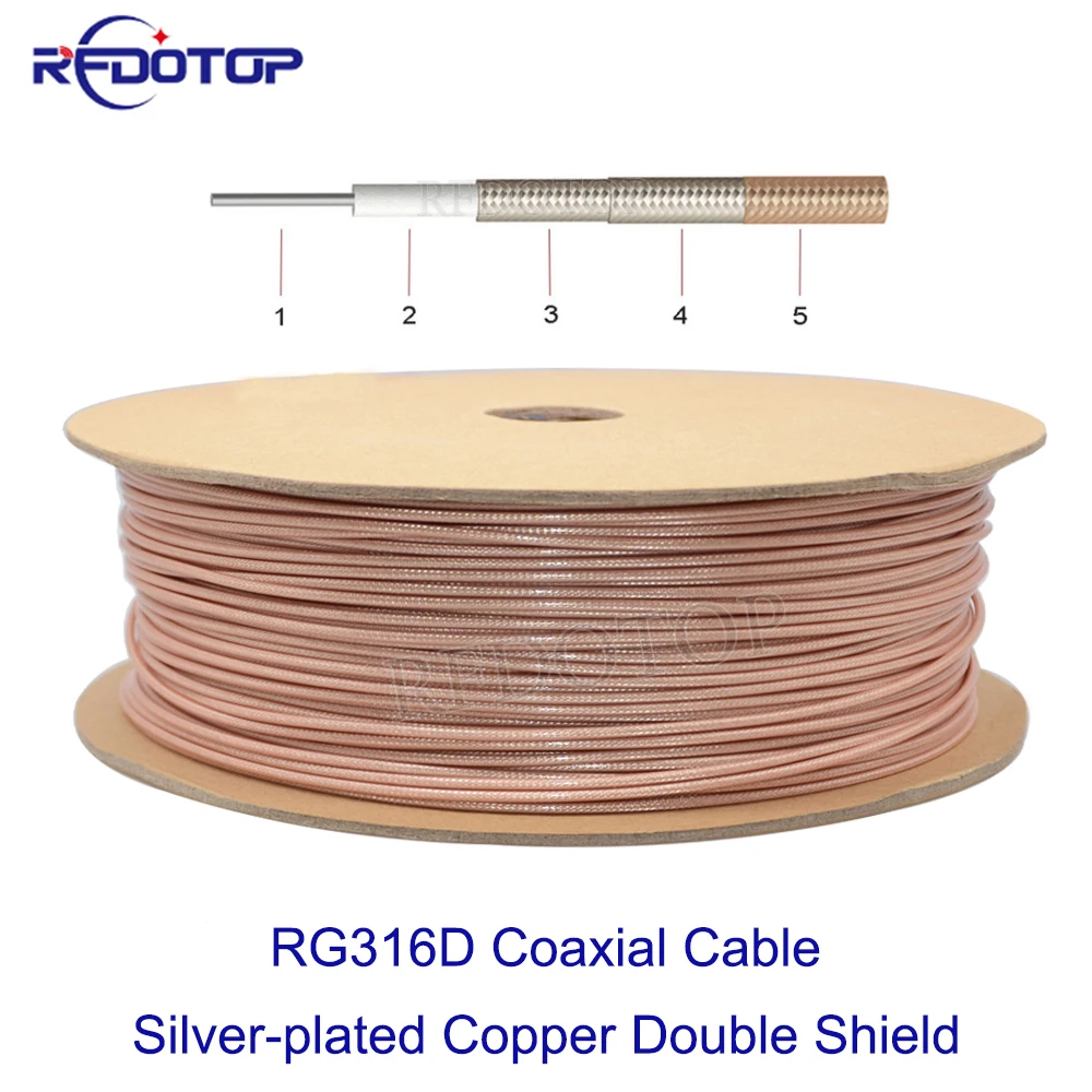 Cabo Coaxial de Cobre Banhado a Prata Baixa Perda para Conector de Crimpagem Duplo Escudo Marrom Rg316d 50 Ohms Alta Qualidade 1m200m