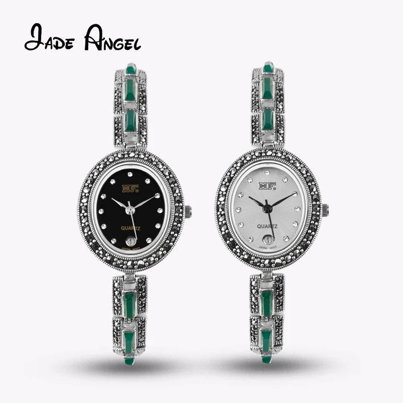 

Jade Angel 925 Sterling Silver Watch Vintage Watch Pave Synthesis Green Onyx Marcasite Watches for Women