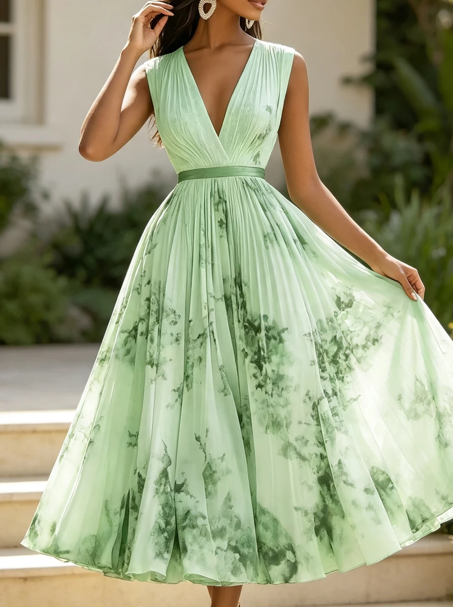 Women's Elegant Sleeveless Maxi Dress Deep V Neck Print Pleated Waist Slim Fit Wedding Guest Evening Party Formal Long Dress