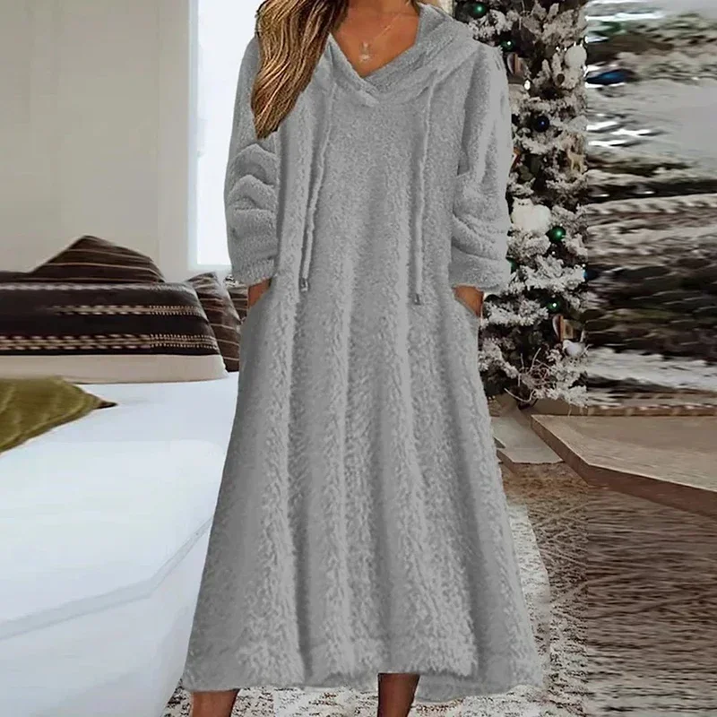 

LKSK Autumn Soft Fur Furry Hooded Sweatshirt Dress Women Casual Solid Drawstring Pullover Dress Winter Long Sleeve Warm Pockets
