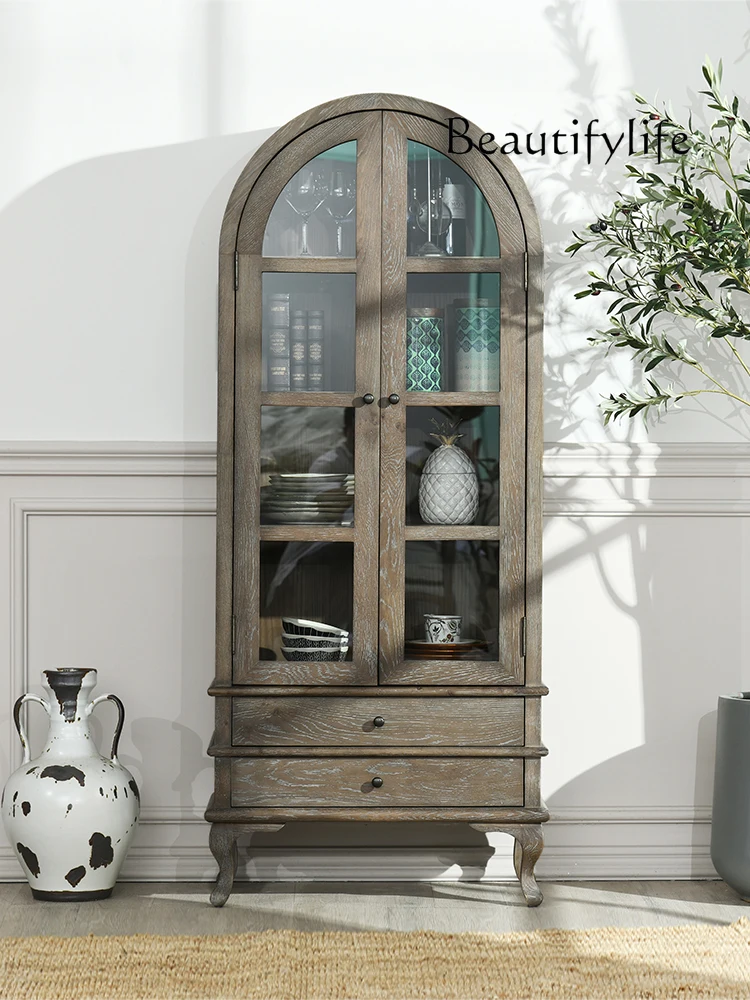 

American Style French Style Country White Oak Solid Wood Bookcase Display Cabinet Living Room Sideboard Wine Cabinet