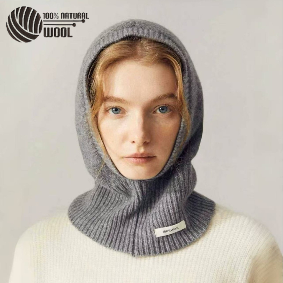 100% Australia Wool Balaclava Hat Winter Hooded Caps Korean Style Outdoor Warm One-Piece Neck Collar Beanies Hats for Women