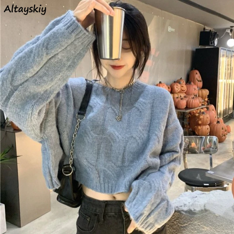 

Crop Pullovers Women Cozy Tender Y2k Baggy Autumn Simple Ulzzang O-neck Fashion Sweaters Knitted Gentle Girls Casual Hotsweet