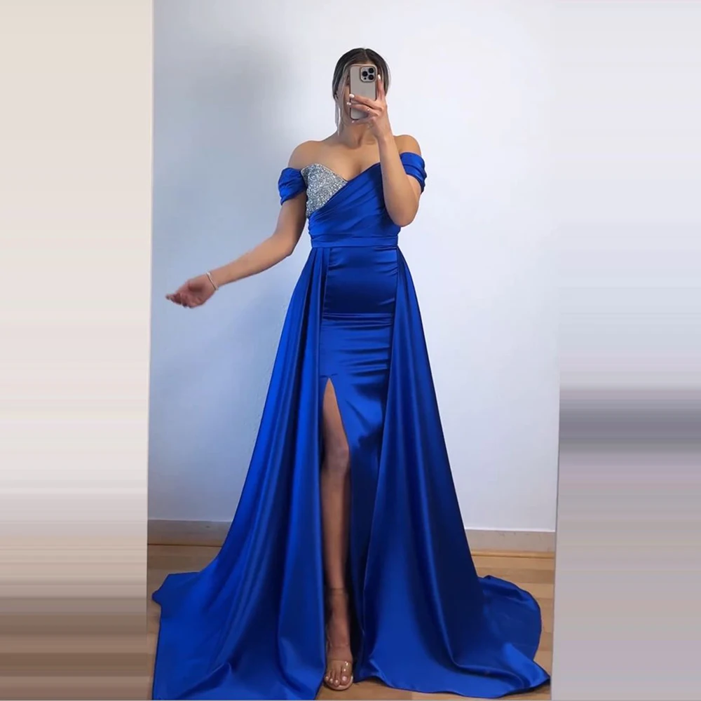 

Doymeny Royal Blue Satin Long Evening Dresses Off the Shoulder Sequins Side Slit Women Formal Prom Dress occasion Robe de soire