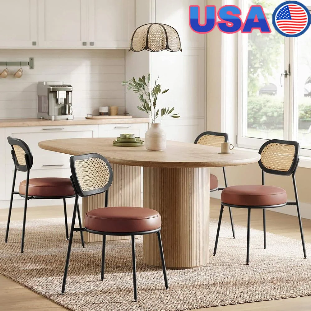 4 Pack Ergonomic Dining Chairs with Rattan Backrest Comfortable Cushioned Seat Stylish Accent Chairs Dining Room