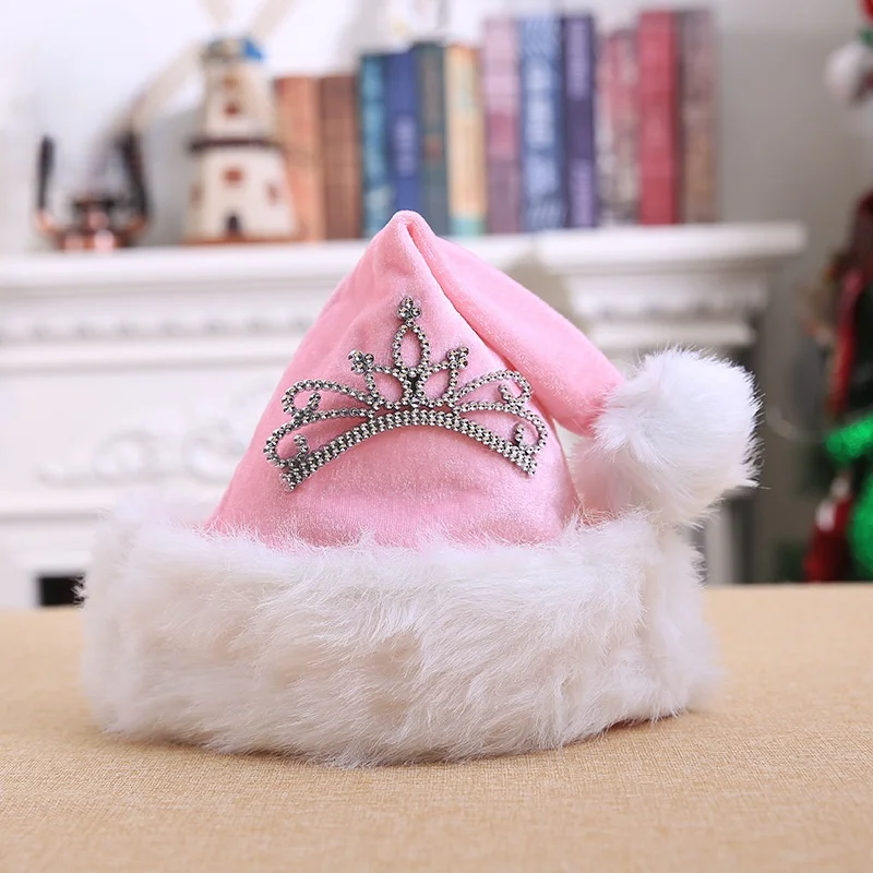 Lovely Christmas Decorations New Holiday Clothes Dress Up Adult Pink Crown Christmas Plush Hat Kid Santa