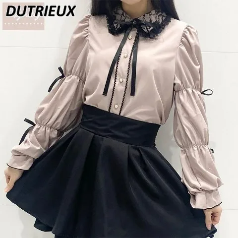 

Japanese New Lace Bow Flare Sleeve Tie-Neck Mine Shirt Women Lolita Cute Doll Collar Long Sleeve Top 2024 Spring New Camisa