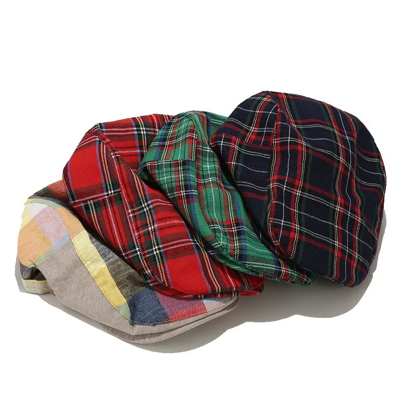 Checkered Stripe Vintage Casquette Men Women Cotton Beret British Fashion Retro Windshield Hat Street Newspaper Cap Artist Hats beret hat,newsboy cap,newsboy hat,woolen beret
