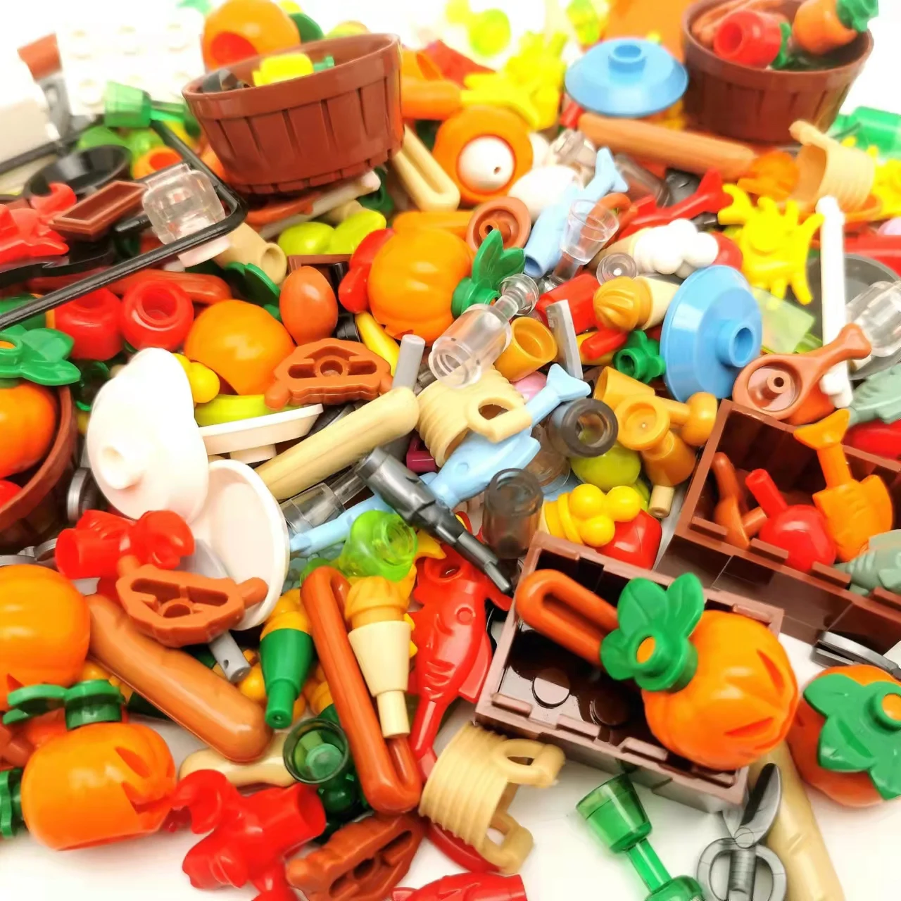 Culinary-Themed Building Block Set: Bread, Chips, Roast Chicken, Pizza, Hot Dog, Fish, Fruit, Carrot, and Basket