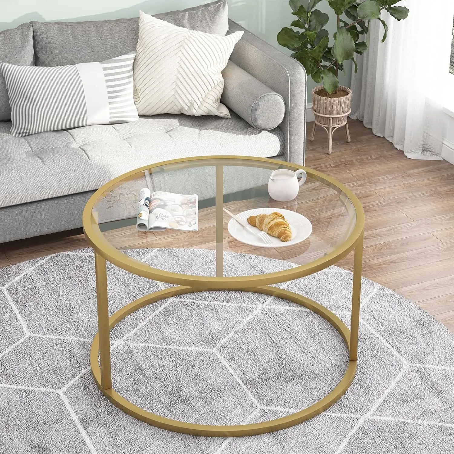 Glass Coffee Table,Round Gold Coffee Table for Small Space,27" Modern Center Table,Glass Top Clear Coffee Table 3
