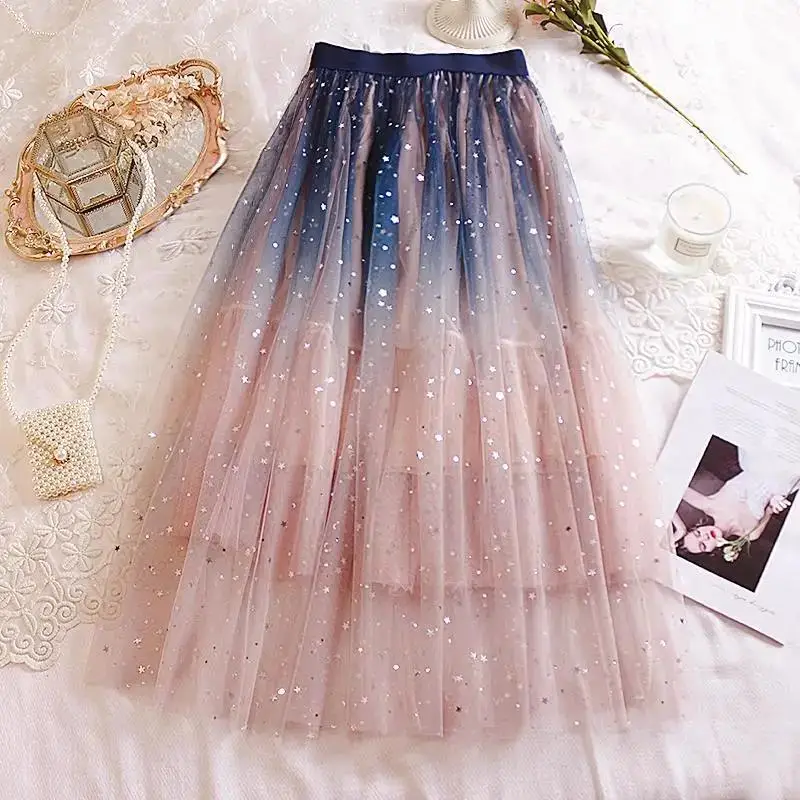 Skirts 2022 Summer Tulle Skirt Star Sequin skirt High Waist  long Skirt Pink White Evening Party Sexy Skirt Women falda sparkling skirt black skirt