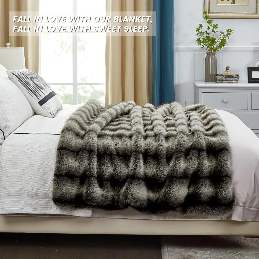 Highend Premium Fuzzy Faux Wolf Fur Throw Blanket 50 x 60 Luxury Cozy Accent Thick Animal Skin Fluffy Fox Blanket for Couch Sof