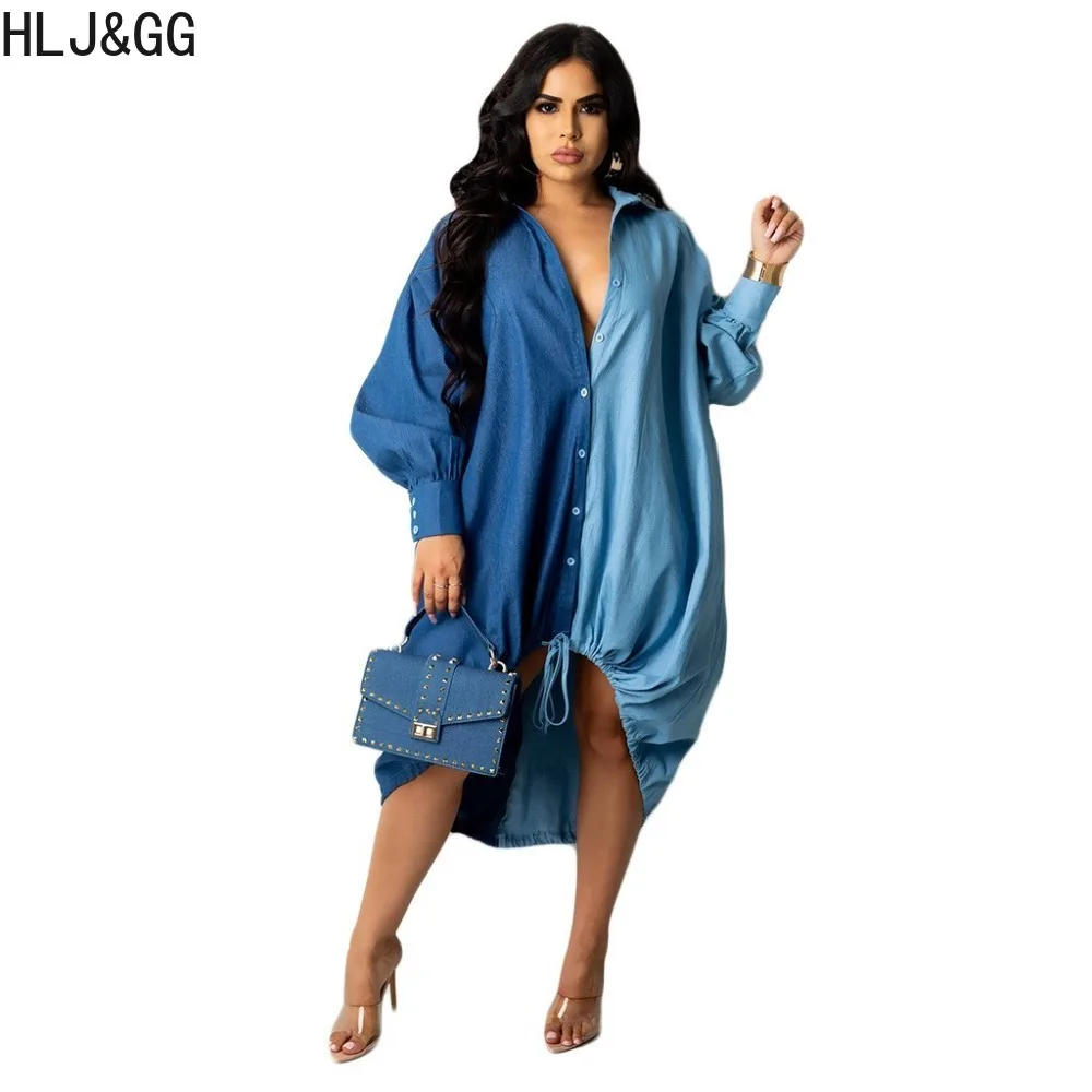 

HLJ&GG Casual Color Patchwork Loose Mid Dress Women Turndown Collar Long Sleeve Drawstring Vestidos Female Deep V Button Clothes