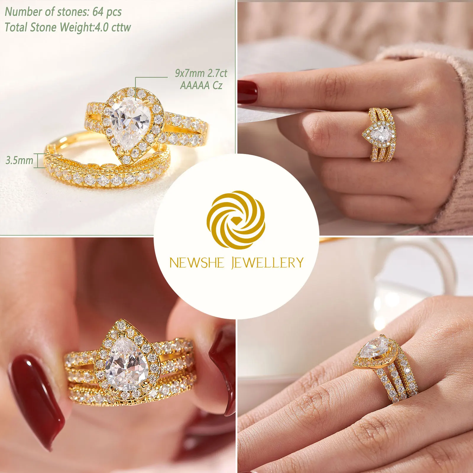 newshe 925 sterling silver wedding engagement rings set for women pear cut aaaaa cz imitation diamond vintage bridal jewelry Newshe 925 Sterling Silver Wedding Engagement Rings Set for Women Pear Cut AAAAA CZ Imitation Diamond Vintage Bridal Jewelry 5