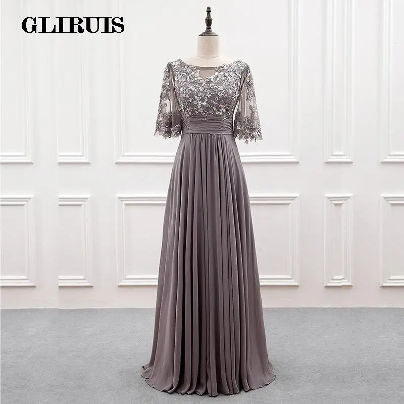 

2022 Charming Chiffon Mother of the Bride Dresses Full Length Boat Neckline Wedding Guest Gowns with 3/4 Sleeves