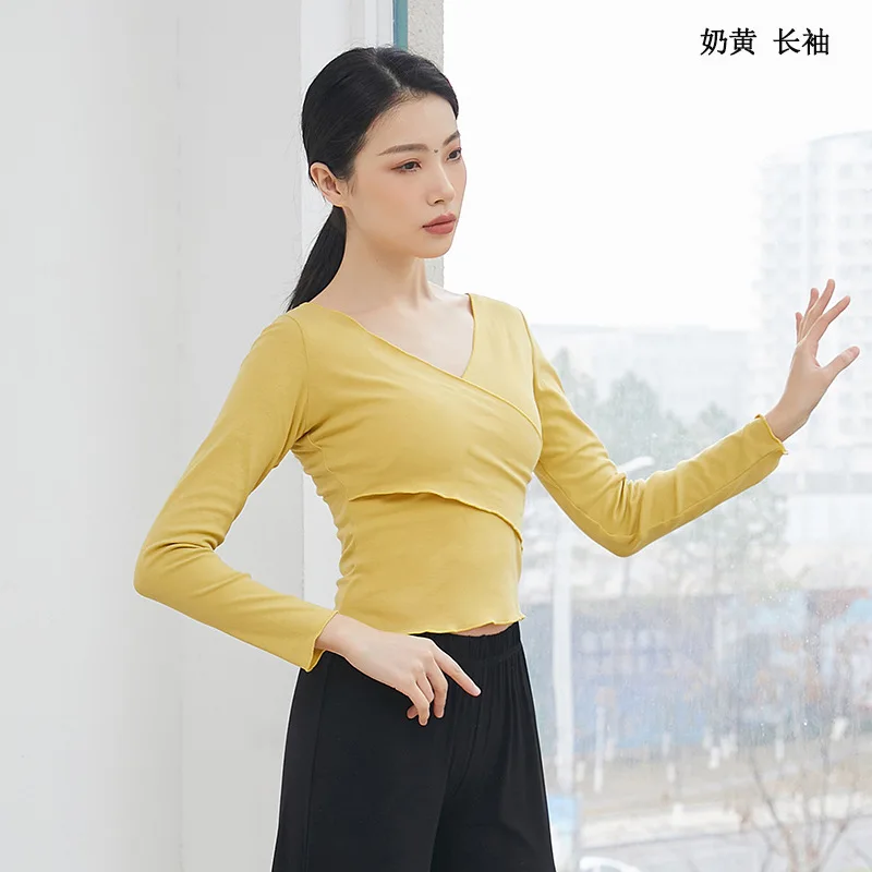 

Modern Ballet Dance Tops Adult V Neck Long Sleeves Soft Cotton Dancing Top Body Dance Tops Blouse Ballet Training Costumes Women