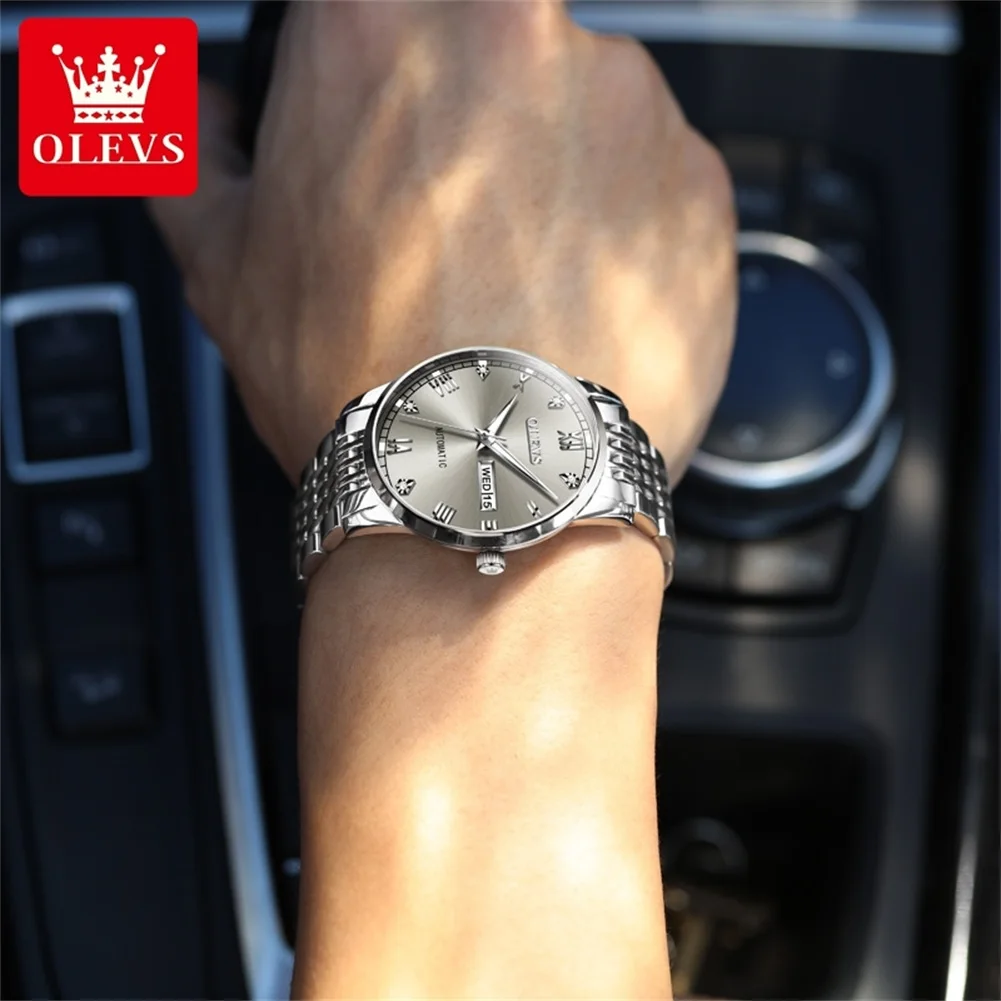 OLEVS 6602 Man Watch Roman Scale Stainless Steel Mechanical Watch For Men Dual Calendar Classic Waterproof Wristwatch